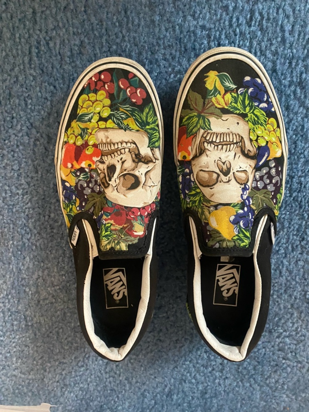 Vans Black and White Slip-On with Skull & Floral Pattern